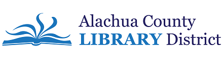 Alachua County Library District log of open book with fluttering pages